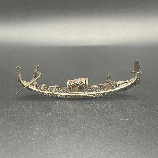 Exquisite Antique Silver Plated Filigree Gondola Miniature Model Boat - 8cm