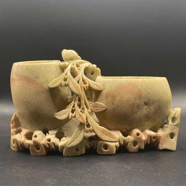 Antique Chinese Soapstone Double Brush Washer with Floral Motif