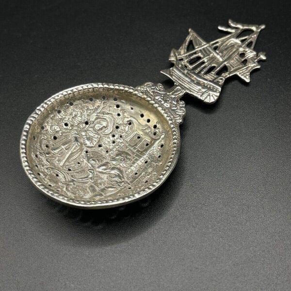 Antique German 830 Silver Tea Strainer w/ Sailing Ship, 11cm