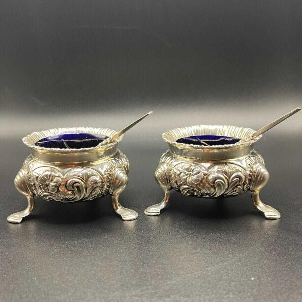 Pair Victorian Silver Salts w/ Spoons, Cobalt Liners, Birmingham 1894