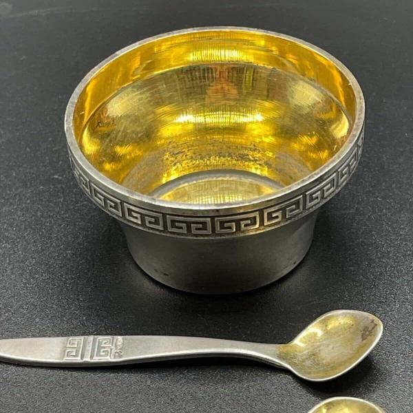 Vintage 1950s Russian Soviet 916 Silver Salt Cellar + 2 Spoons Hallmarked USSR