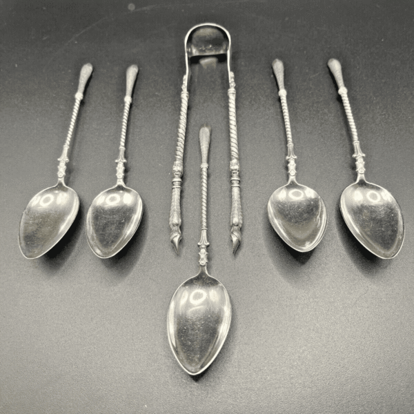 ANTIQUE GERMAN 800 SILVER TEASPOONS AND SUGAR TONGS SET, DEER/GOAT HOOF MOTIF