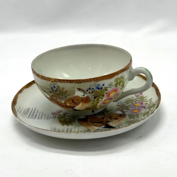 Japanese Hand-Painted Teacup & Saucer Set Quails Flowers Signed Hyakuda Japan