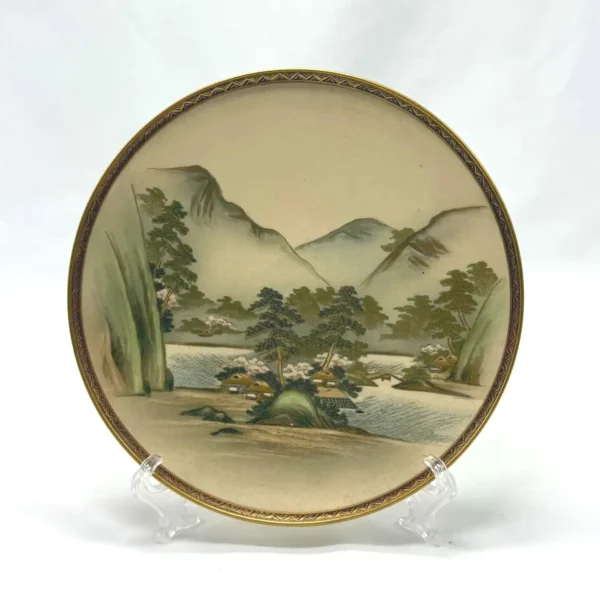 Antique Japanese Satsuma Landscape Plate Signed 神, Taisho–Showa Era Hand-Painted