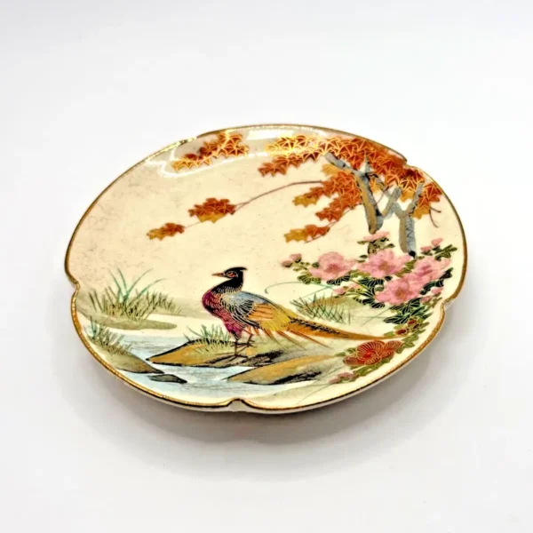 Antique Japanese Satsuma Plate by Soko China Pheasant Maple Gilt c1930