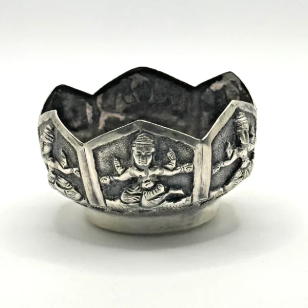 Antique Burmese Silver Petite Lotus Bowl Unmarked Repoussé Deity Motifs