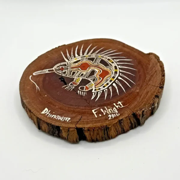 Signed Aboriginal Echidna Artwork by F. Wright 2016 on Tree Slice Dhinawan