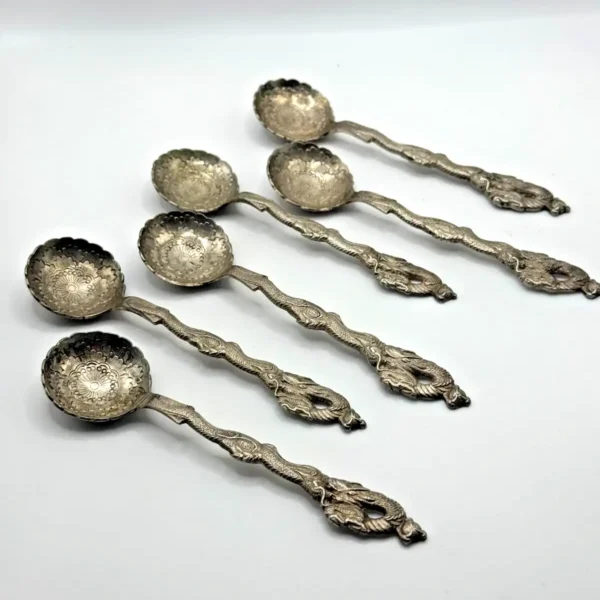 Set of 6 Japanese 84 Silver Spoons Dragon Handles Floral Repoussé Moji Marked