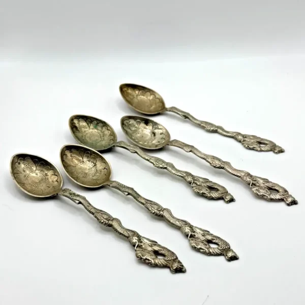 Set of 5 Japanese Moji 84 Silver Spoons Dragon Handle Floral Bowl Antique