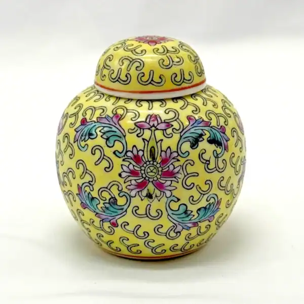Vintage Chinese Famille Jaune Lidded Jar Jingdezhen Floral Scroll