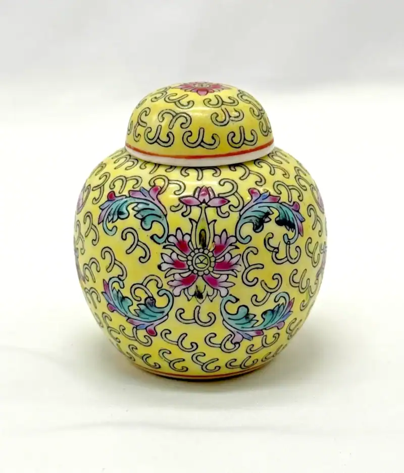 Vintage Chinese Famille Jaune Lidded Jar Jingdezhen Floral Scroll