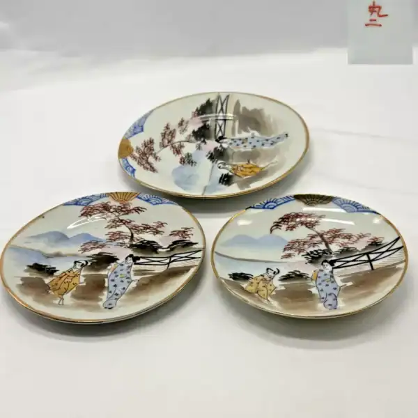 Japanese Maruni Porcelain Plates Hand-Painted Geisha Landscape Gold Trim
