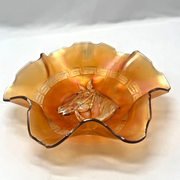 Vintage Marigold Carnival Glass Bowl Horse Head & Greek Key Pattern