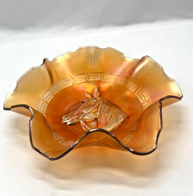 Vintage Marigold Carnival Glass Bowl Horse Head & Greek Key Pattern